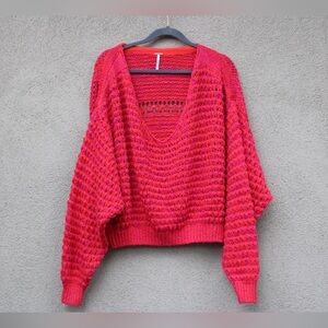 Free People Women's Coconut V-Neck Loose Fit Weave Sweater in Dragonfruit Small